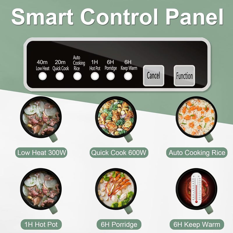 NUNET Smart Mini Hot Pot with Timer and Automatic Shut Off 1.2L Non-Stick Rapid Noodle Cooker w Stainless Steel Steamer Basket 600W Quick Cook 5 Cooking Modes for Soup, Rice (1cup) , Porridge, Pasta Great for 1-2 Persons (Green) - Image 3